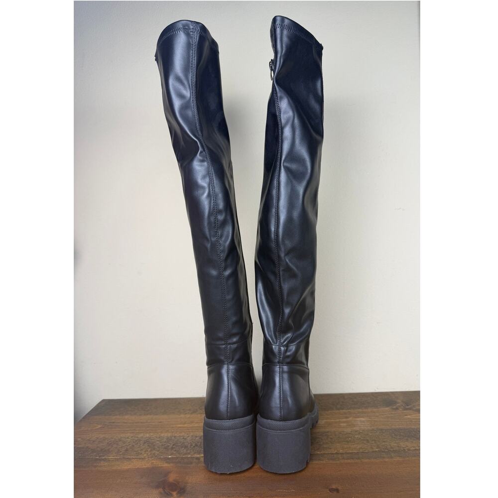 Report Black Faux Leather Lugged Sole Over the Knee Boots OTK Women's Size 7.5 - Picture 3 of 8